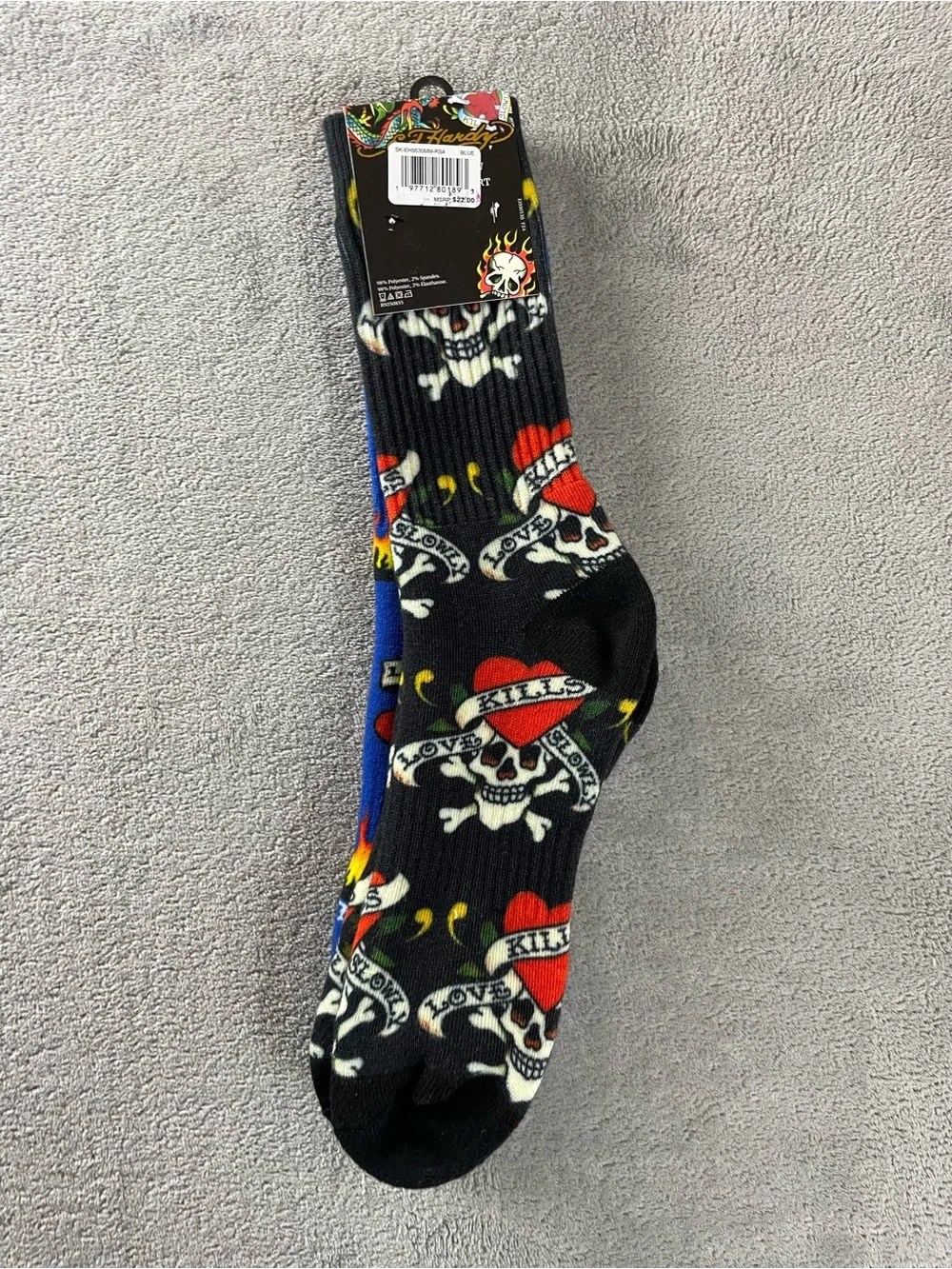 Ed Hardy Mens Cushioned Crew Socks 2 Pair 1 Blue, 1 Black New With Tags NWT